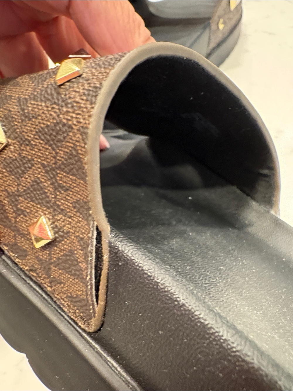 Michael Kors Brown and Black Logo Stud Slide Sandals - Picture 3 of 10